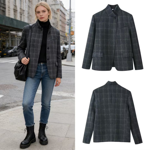 Damen Kastenblazer mit Stehkragen, asymmetrischer Ein-Knopf-Leiste und feinem Karodessin Drune
