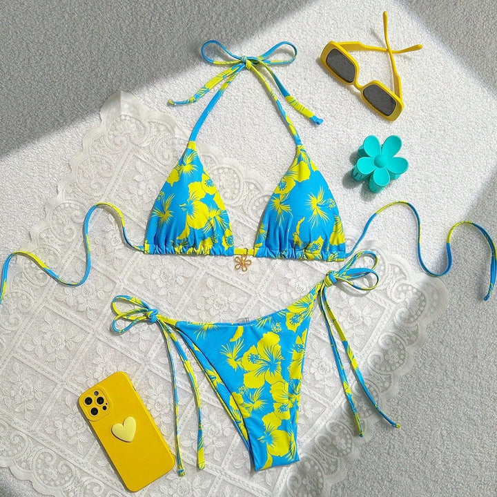 Damen Triangel-Bikini mit floralen Akzenten und raffinierten Bindebändern Drune