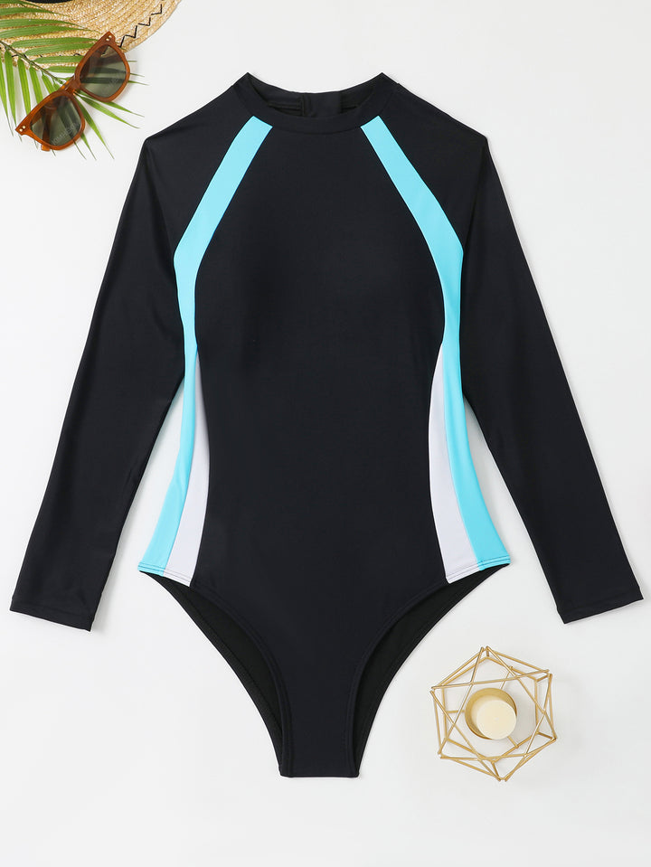 Damen Sportlicher Langarm-Badeanzug mit Farbblockdesign Drune