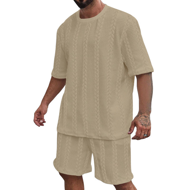 Herren nan entspanntes Zopfstrick-Freizeitset mit weitem Kurzarmshirt und elastischer Bermuda Drune