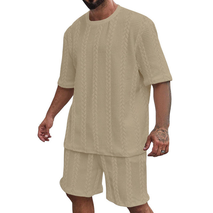 Herren nan entspanntes Zopfstrick-Freizeitset mit weitem Kurzarmshirt und elastischer Bermuda Drune