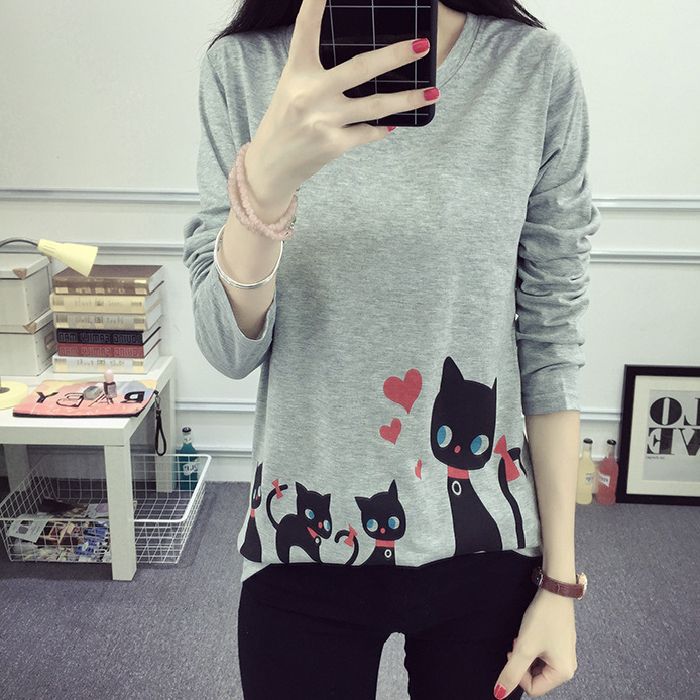 Damen Langarm-T-Shirt mit kreativem Katzenmotiv Drune