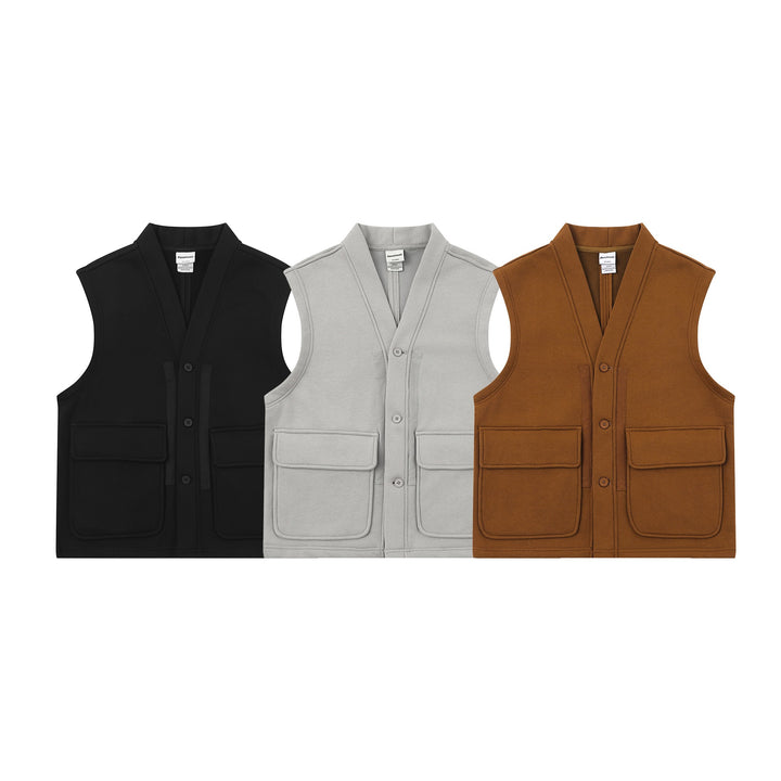 Unisex Utility‑Weste mit V-Ausschnitt, großformatigen Klappentaschen und Knopfleiste Drune