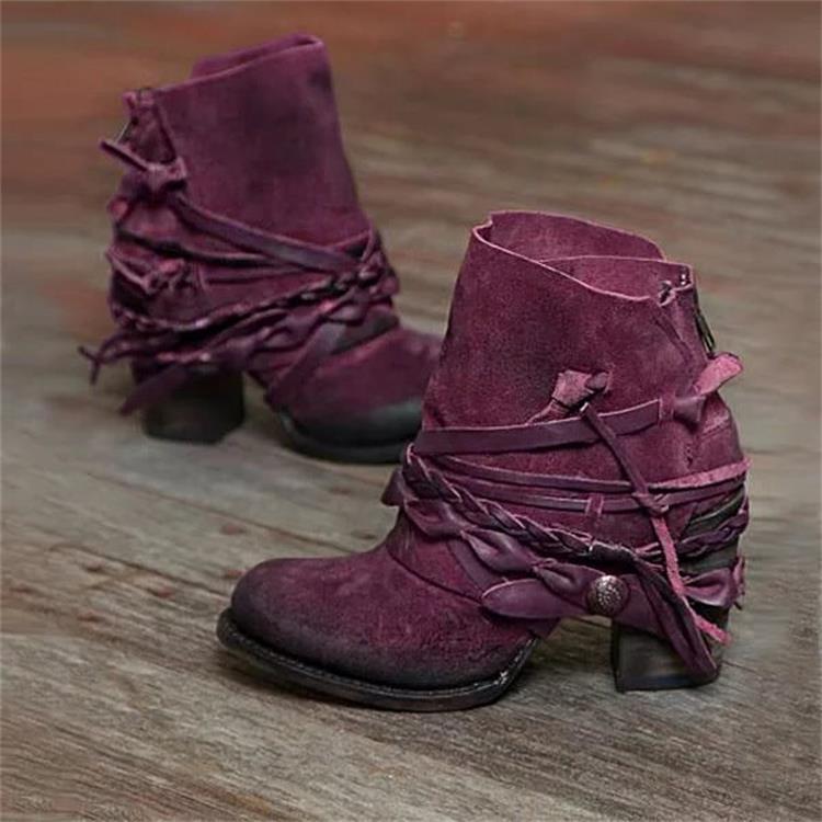 Damen Vintage Western-Ankleboots aus Velourslederoptik mit geflochtenen Zierriemen und niedrigem Blockabsatz Drune