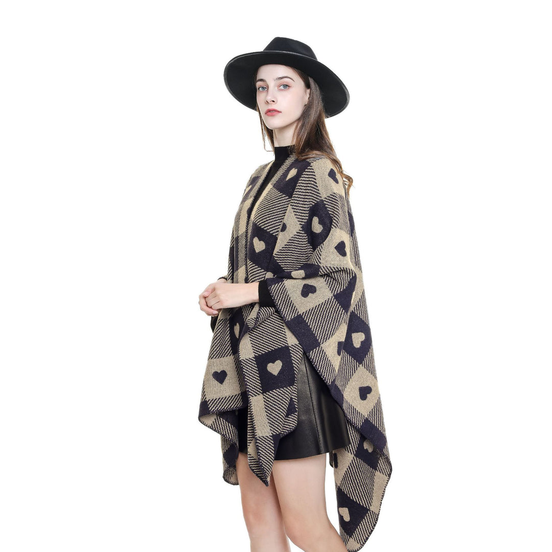 Damen Capeponcho aus Jacquardstrick mit Herz-Allover und offener Front Drune