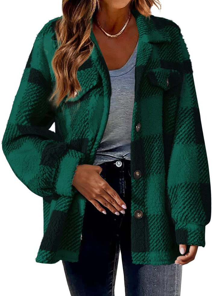 Damen Kuschelige Karodesign Jacke mit Knöpfen und Brusttasche Drune