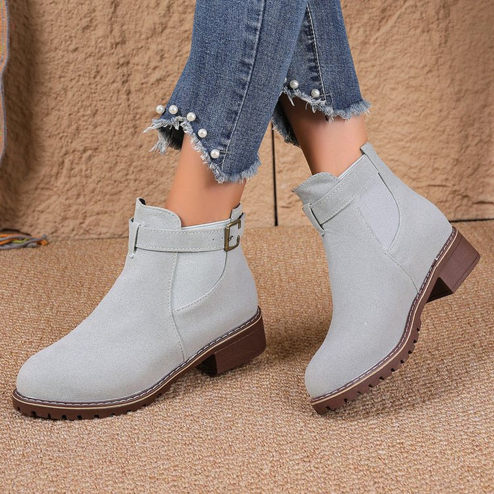 Damen Wildleder-Optik Chelsea-Stiefelette mit dekorativem Schnallenriemen, elastischem Einsatz und grober Profilsohle Drune