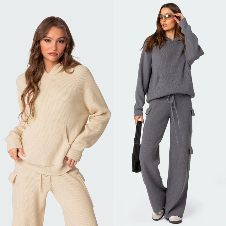 Damen nan gerippter Kapuzenpullover aus Feinstrick mit Kängurutasche und relaxed Fit Drune
