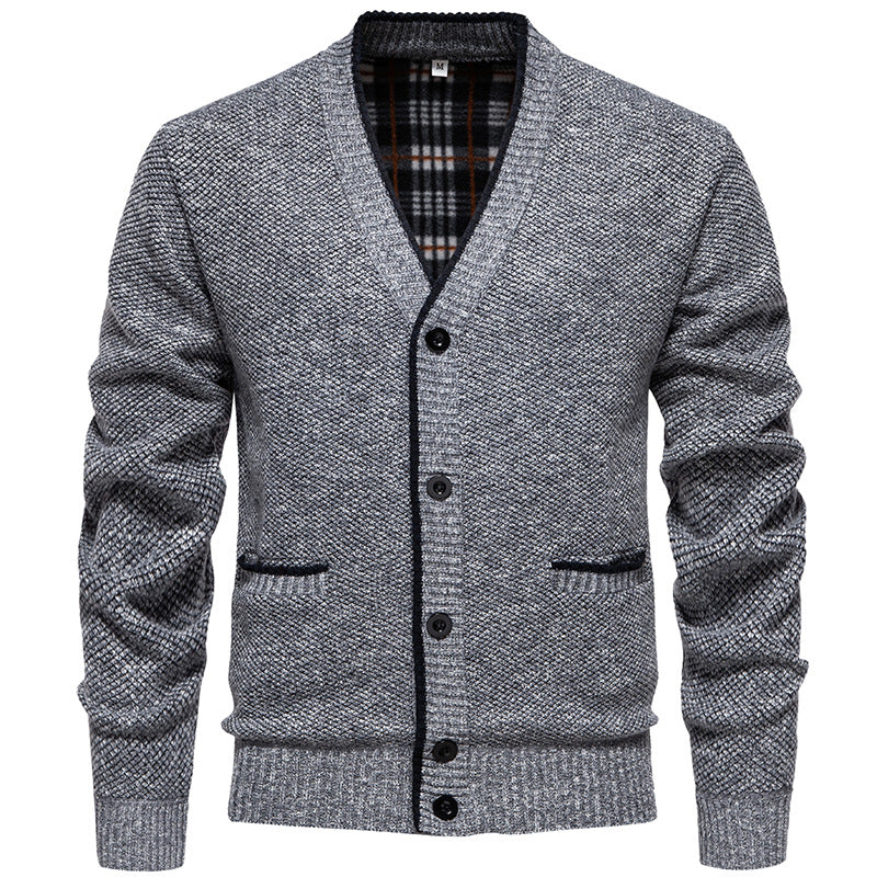 Herren Strukturierter V-Ausschnitt Strickcardigan mit kontrastierter Kante und kariertem Innenbesatz Drune