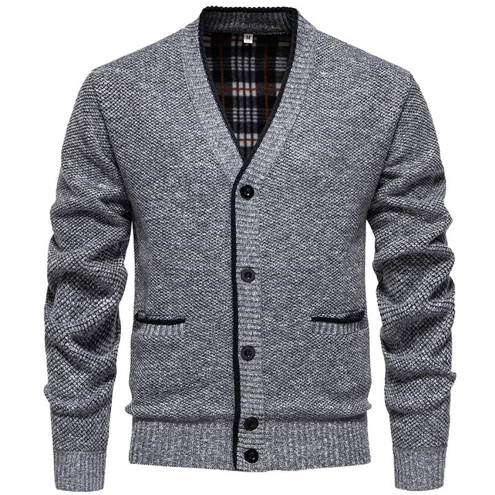 Herren Strukturierter V-Ausschnitt Strickcardigan mit kontrastierter Kante und kariertem Innenbesatz Drune