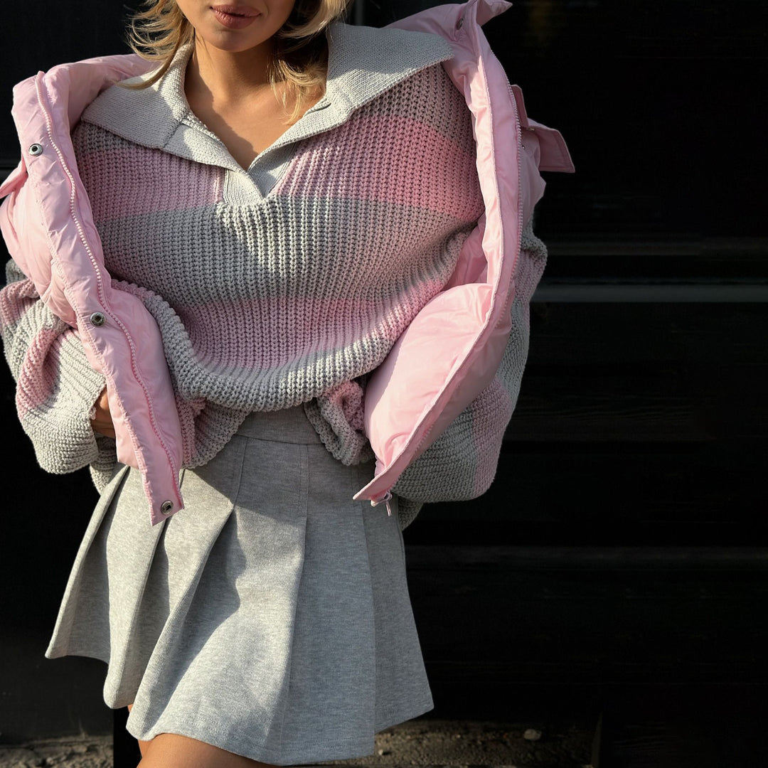 Damen Stylish gestreiftes Strickoberteil mit Puffärmeln Drune