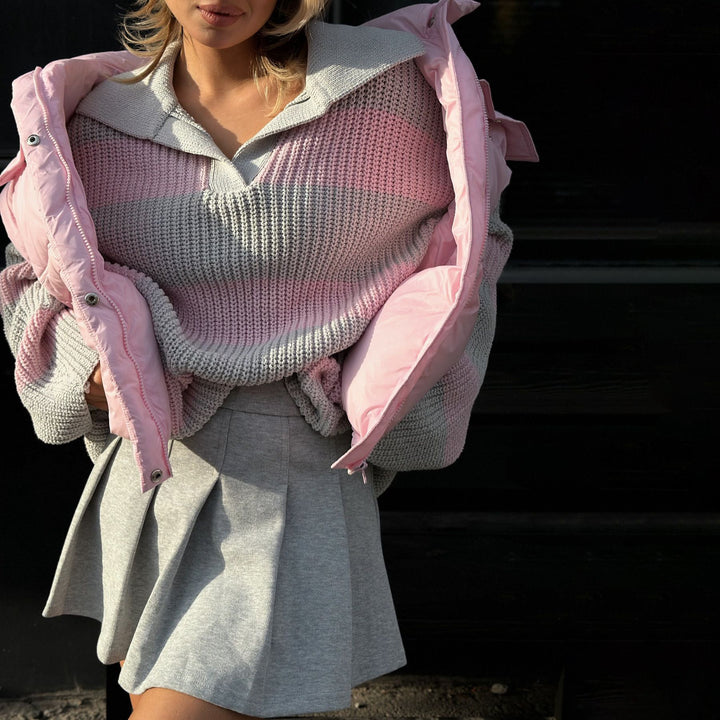 Damen Stylish gestreiftes Strickoberteil mit Puffärmeln Drune