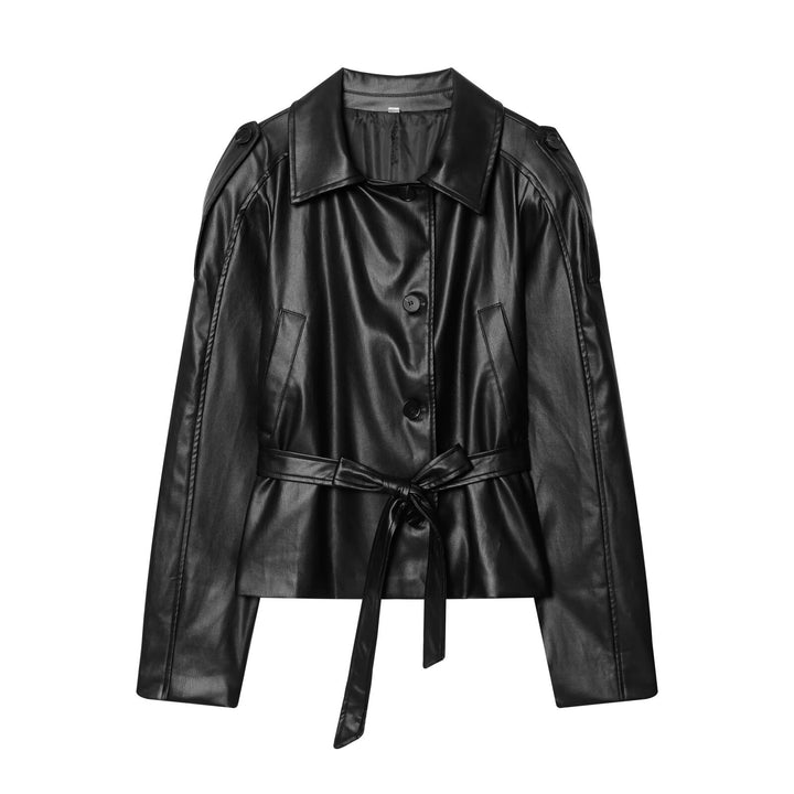 Damen Kurz-Trenchcoat aus Lederoptik mit Taillengürtel Drune