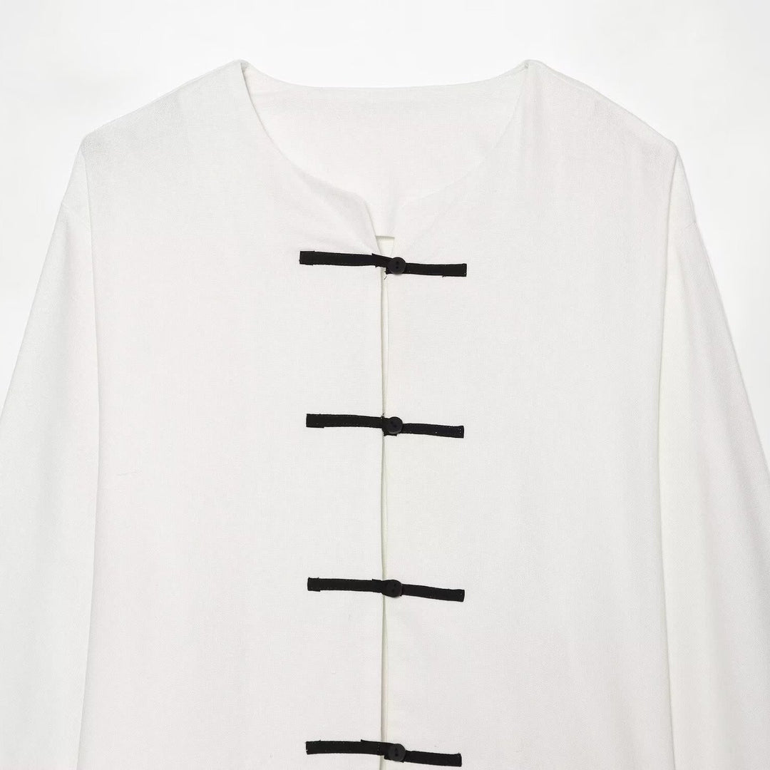Damen Boxy-Jacke mit Mandarin-Kragen und dekorativen Knotenverschlüssen Drune