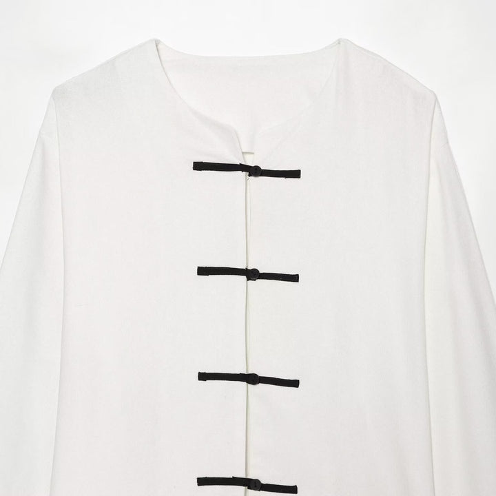 Damen Boxy-Jacke mit Mandarin-Kragen und dekorativen Knotenverschlüssen Drune