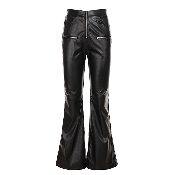 Damen Kunstlederhose mit transparenten Spitzen-Einsätzen und ausgestelltem Bein Drune