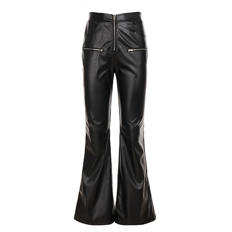 Damen Elegante Kunstlederhose mit transparenten Spitzenakzenten Drune