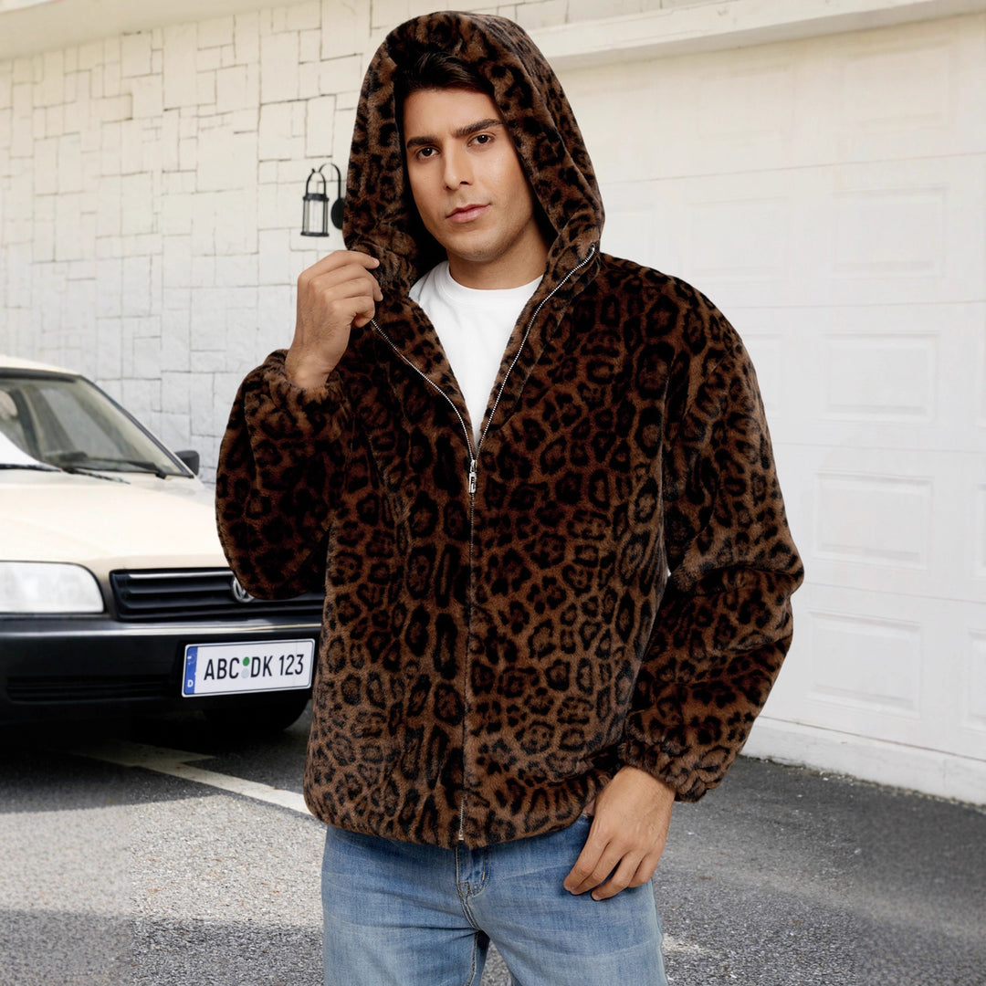 Herren Flauschige Kunstpelzjacke mit modischem Leopardenmuster Drune