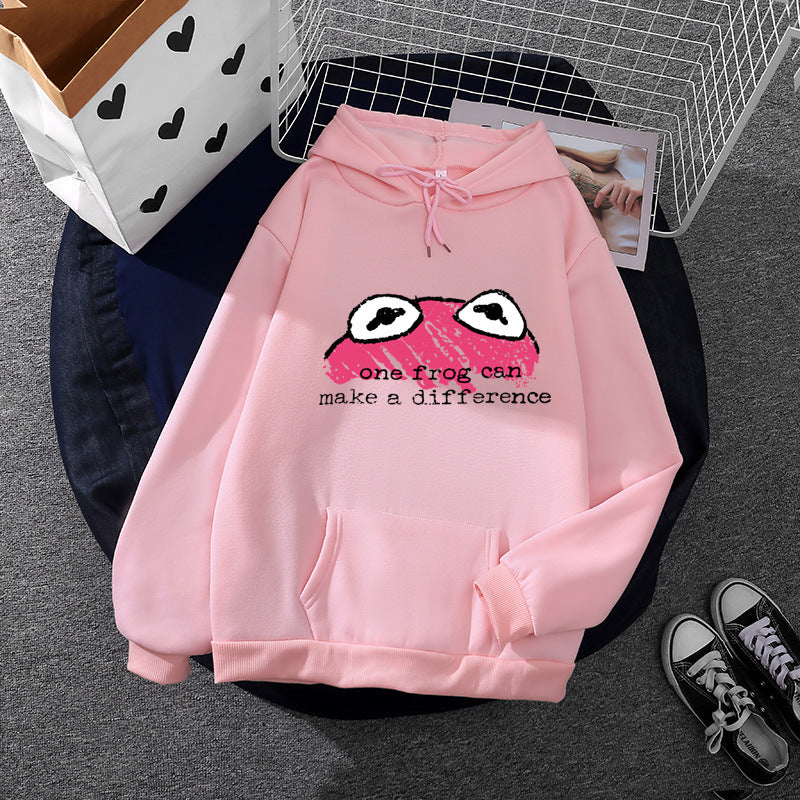 Damen nan relaxed-fit Kapuzenpullover mit gestempelter Froschgrafik, Kängurutasche und Kordelzug Drune