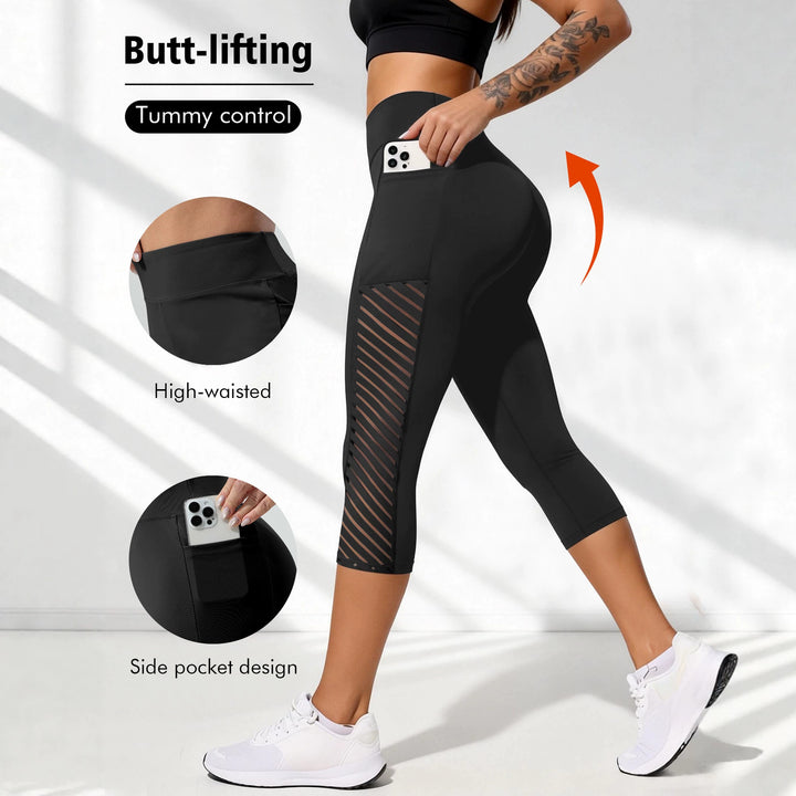 Damen Formende dreiviertel-Sportleggings mit hohem Bund, seitlichem Mesh-Einsatz und Handytasche Drune