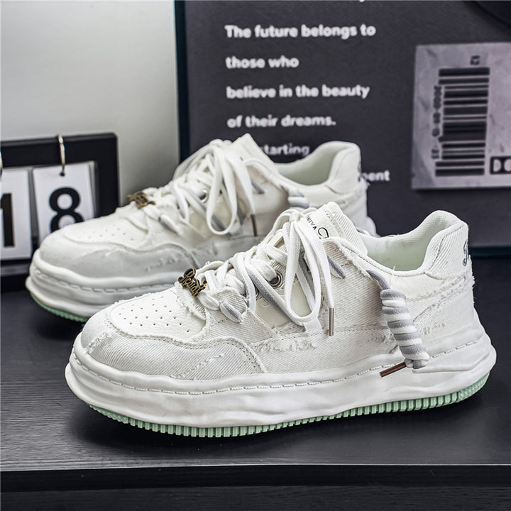 Damen denim-Plateau-Sneaker mit kontrastnähten, wattierter Wellenlaufsohle und verzierten Schnürdetails Drune