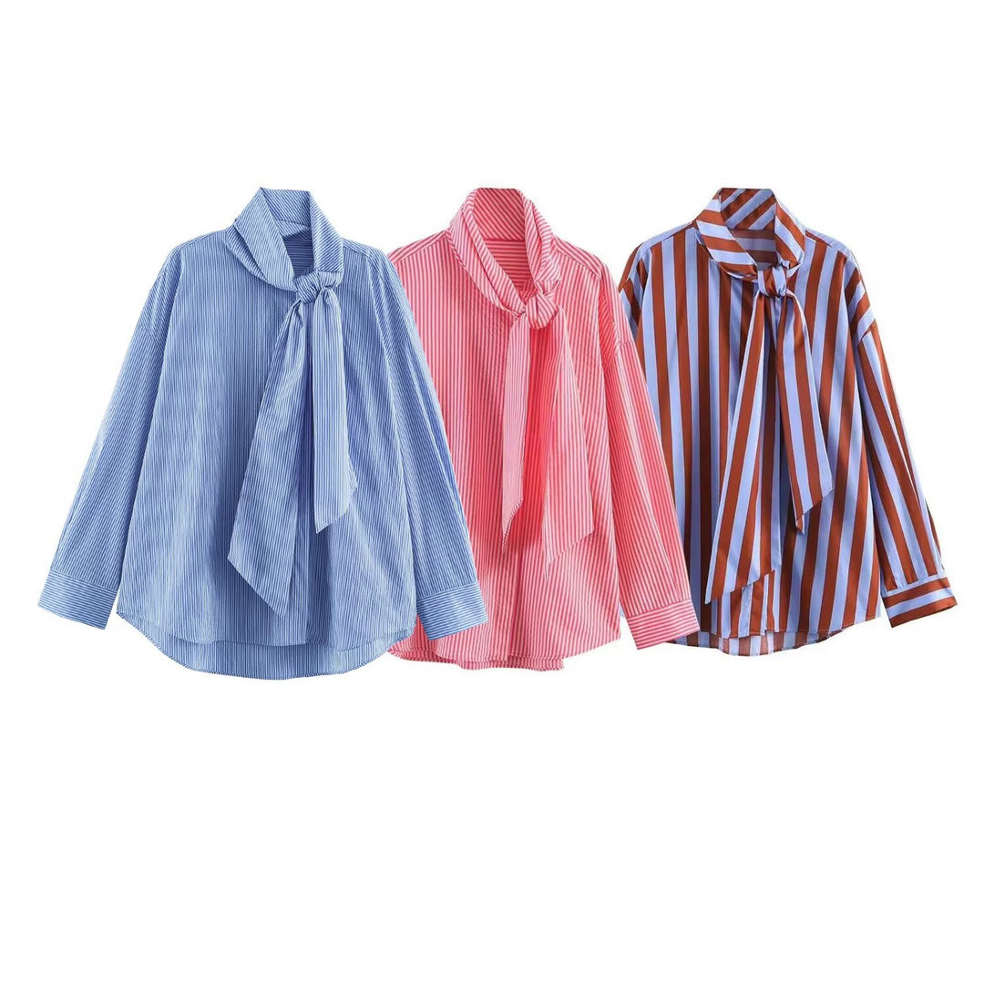 Damen Gestreifte Bluse mit Schleifenkragen und Oversize-Schnitt Drune