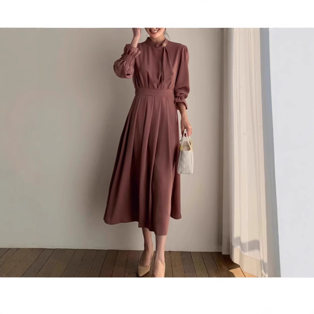 Damen Midikleid mit Stehkragen, Schleifenblende und geraffter Taille Drune