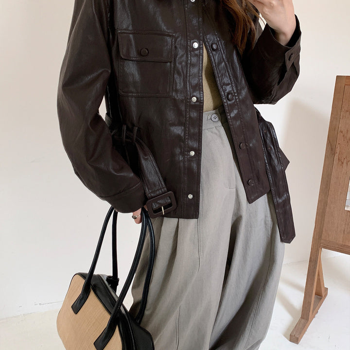 Damen Kurze Oversize-Lederjacke mit Taillenzug und Druckknopfleiste Drune