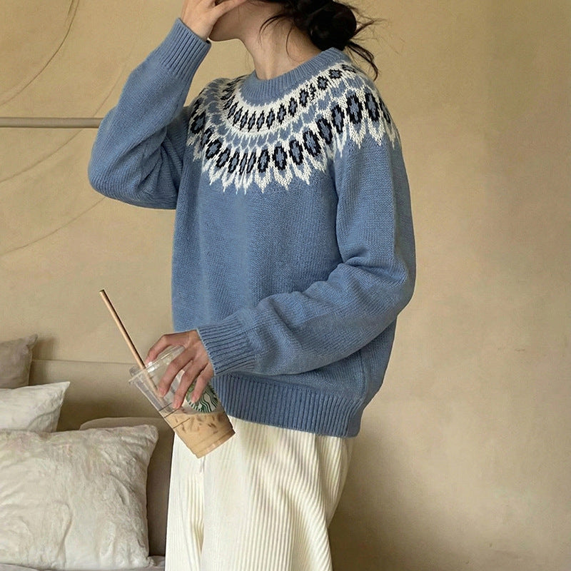 Damen Rundhals-Pullover mit Jacquard-Yoke und Relaxed-Fit Drune