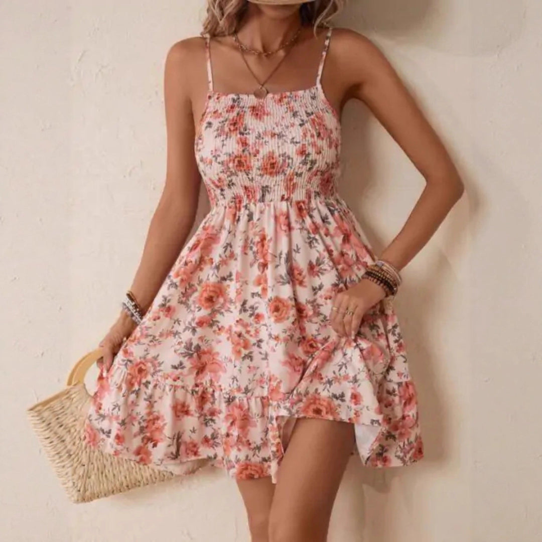 Damen Floral Sommerkleid mit schwingendem Rock und Spaghetti-Trägern Drune