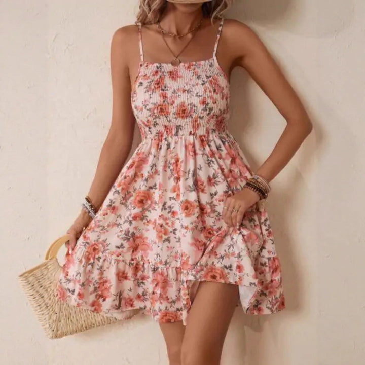 Damen Floral Sommerkleid mit schwingendem Rock und Spaghetti-Trägern Drune