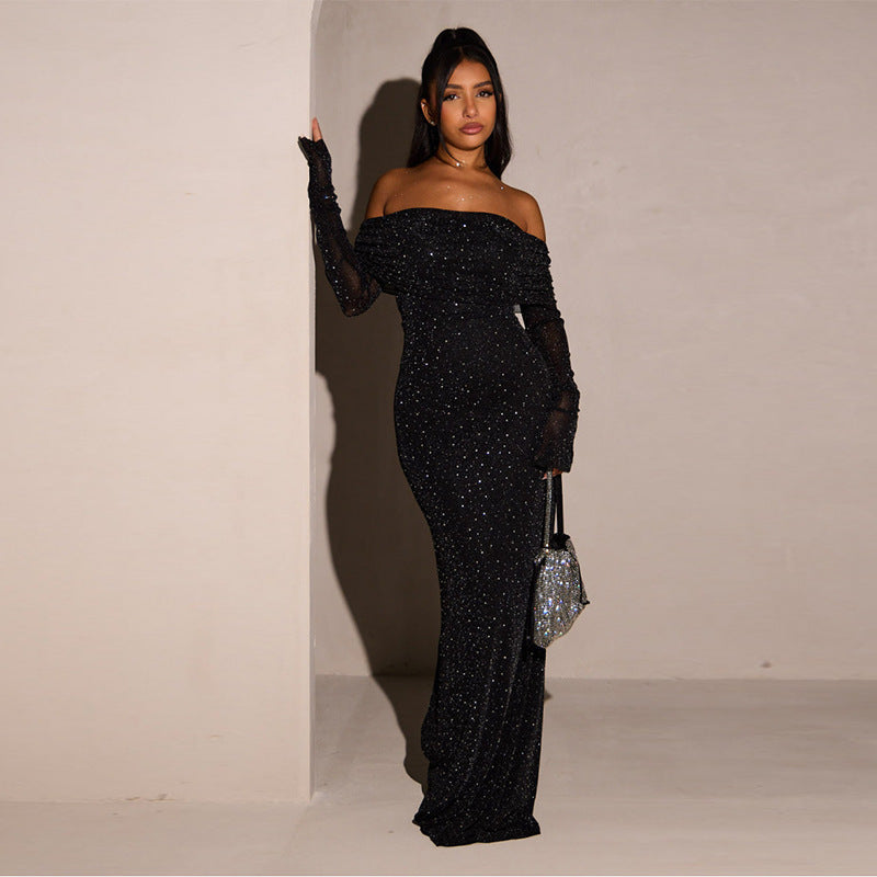 Damen Elegantes schulterfreies Maxikleid mit glitzernden Akzenten Drune