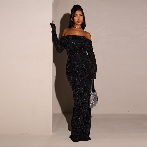 Damen Elegantes schulterfreies Maxikleid mit glitzernden Akzenten Drune