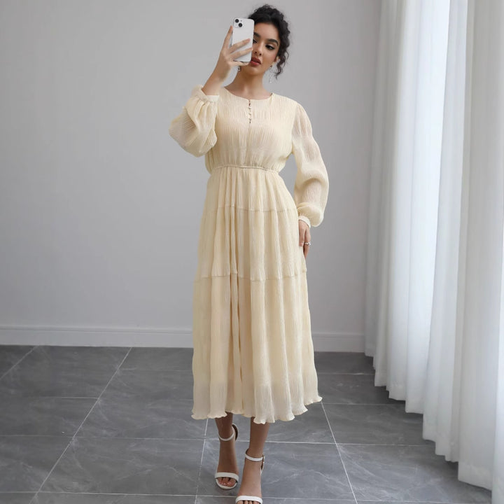 Damen Midikleid aus Crêpe mit Stufenrock, geraffter Taille und Ballonärmeln Drune