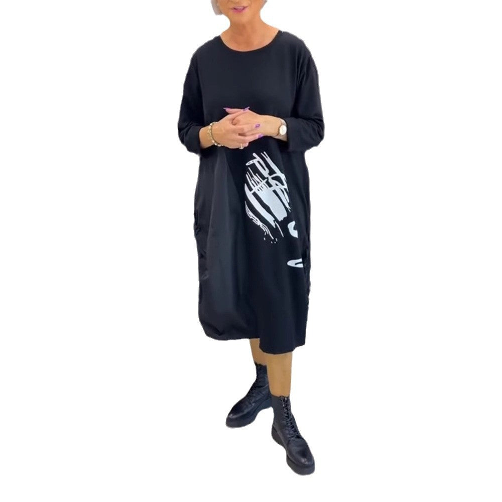 Damen nan lässiges Jerseykleid mit seitlicher Tunnelzug-Raffung, Eingrifftaschen und Statement-Print Drune