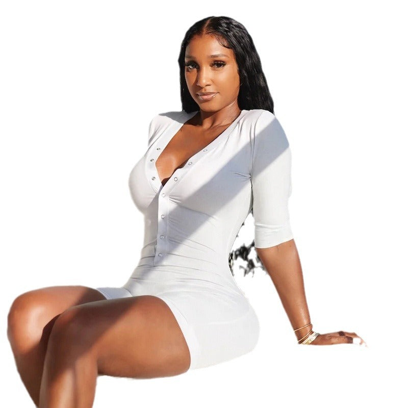 Damen Figurenbetonter Jumpsuit mit modischem V-Ausschnitt und praktischen Knopfdetails Drune