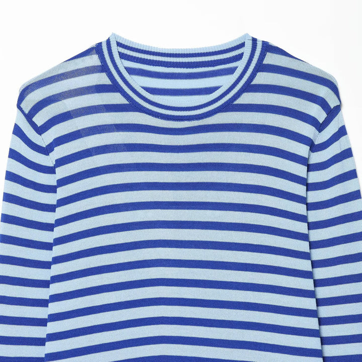 Damen Gestreifter Feinstrickpullover mit Rundhalsausschnitt und kontrastierenden Bündchen Drune