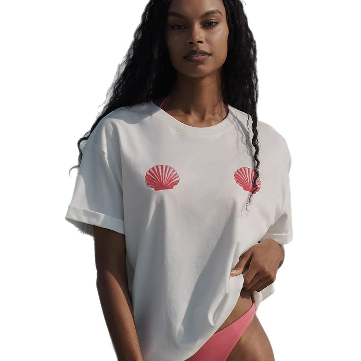 Damen lässiges T-Shirt mit maritimem Muschel-Print und lockerer Passform Drune