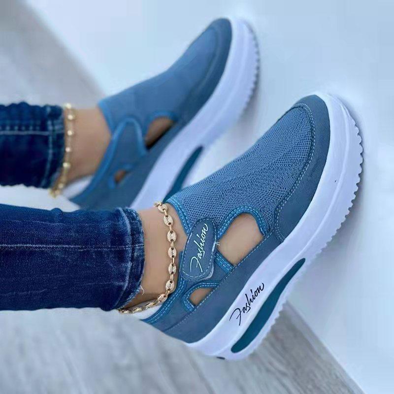 Damen Keilabsatz-Sneaker mit Strick-Obermaterial, Cut-Outs und Klettverschluss Drune