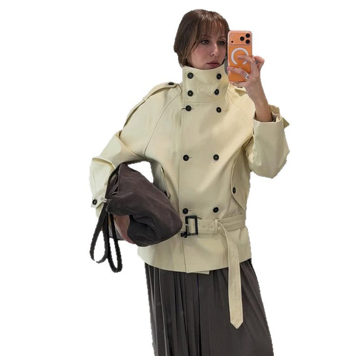 Damen Kurze doppeltknöpfte Trenchjacke mit hohem Stehkragen und Taillengürtel Drune
