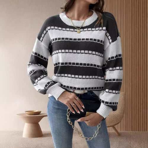 Damen modischer Grobstrickpullover mit breiten Streifen und lässigen Ärmeln Drune