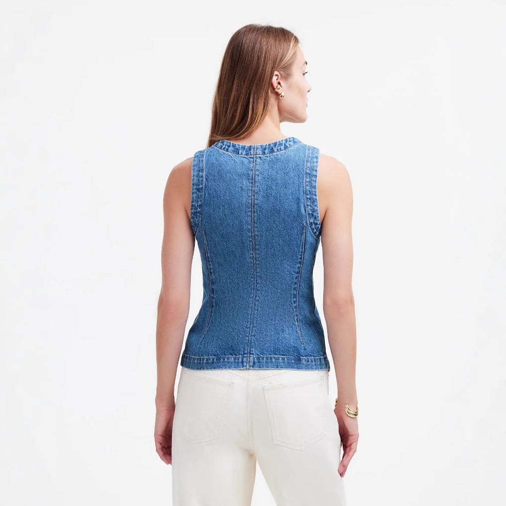 Damen Jeans-Weste mit asymmetrischem Schnitt und dekorativen Knöpfen Drune