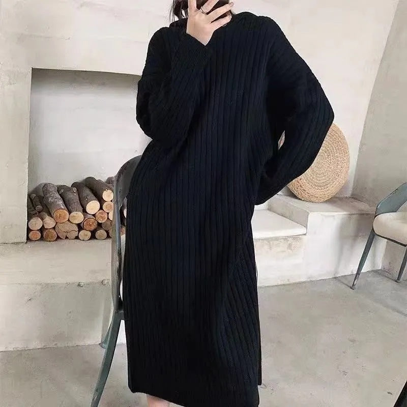 Damen längerer Strickpullover mit Kapuze und feiner Rippstruktur Drune