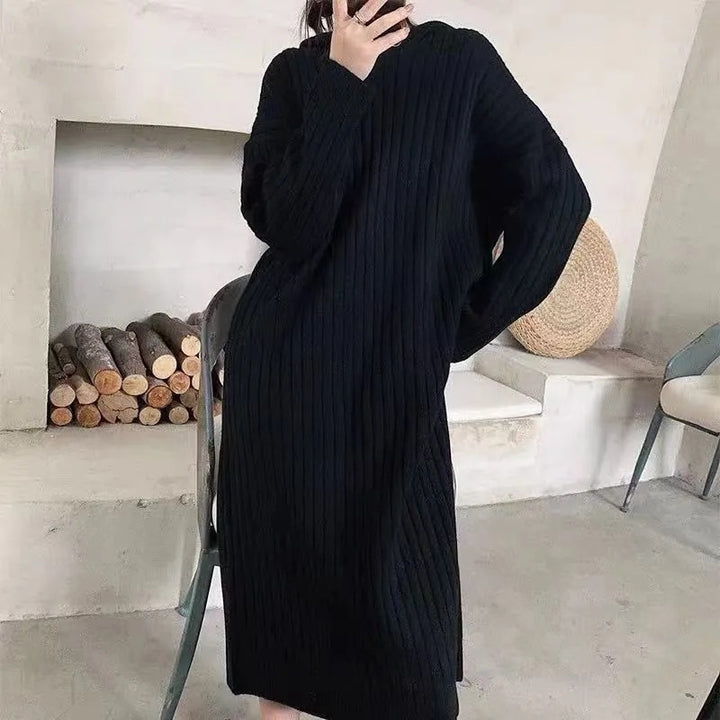 Damen längerer Strickpullover mit Kapuze und feiner Rippstruktur Drune