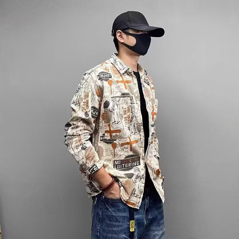 Herren Lockeres Hemdjacke mit Allover-Grafikprint und Brusttaschen Drune