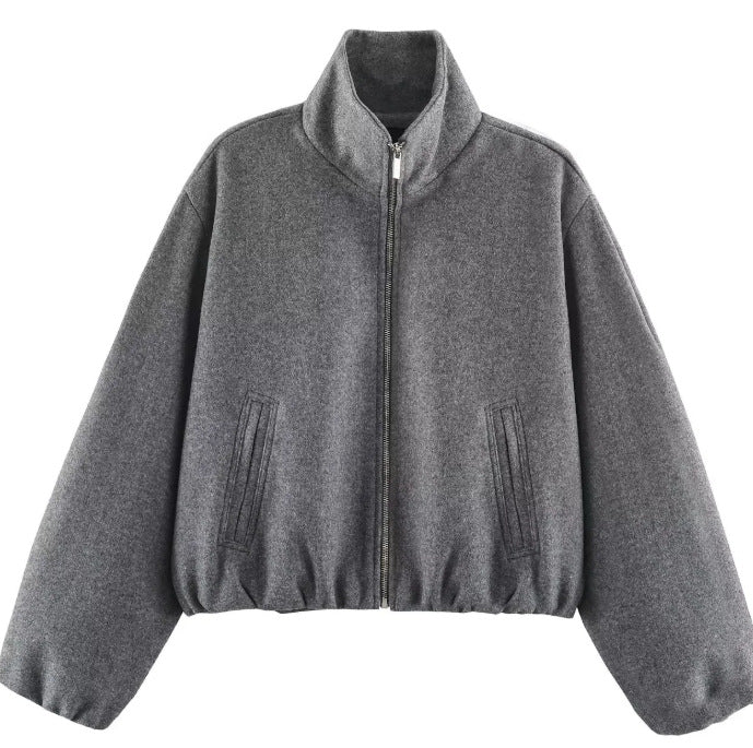 Damen Kurz geschnittene Bouclé‑Blousonjacke mit Stehkragen, elastischem Saum und Ballonärmeln Drune