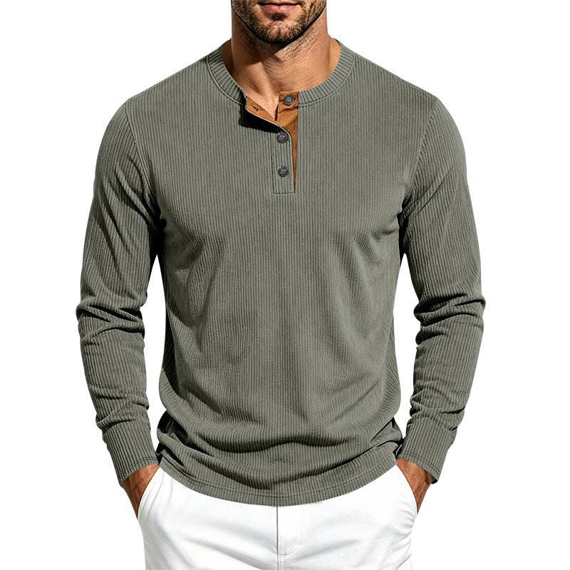 Herren Geripptes Henley-Langarmshirt aus Feinstrick mit Stehkragen und Knopfleiste Drune