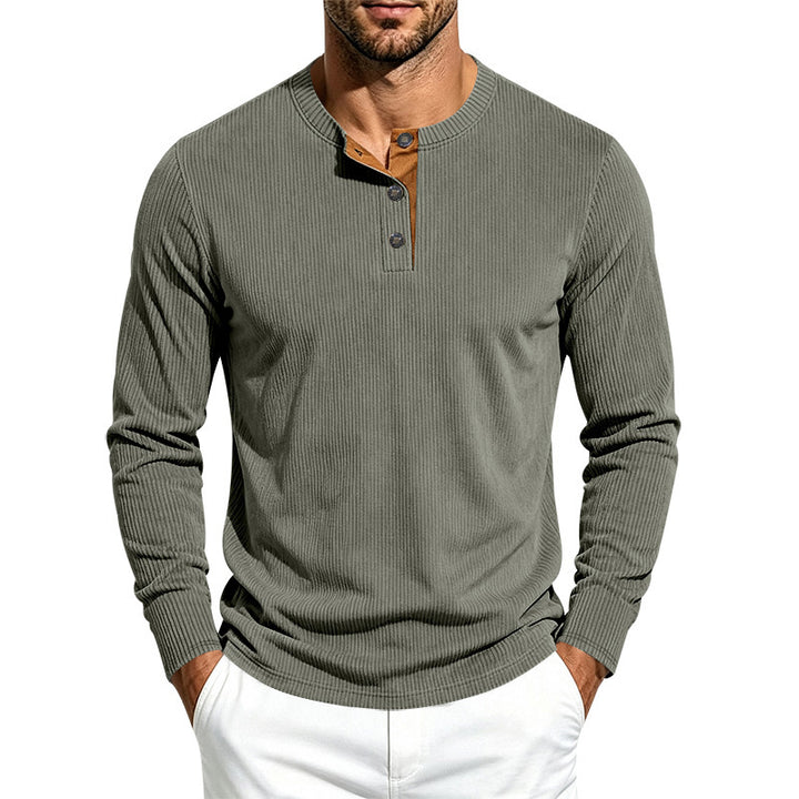 Herren Geripptes Henley-Langarmshirt aus Feinstrick mit Stehkragen und Knopfleiste Drune