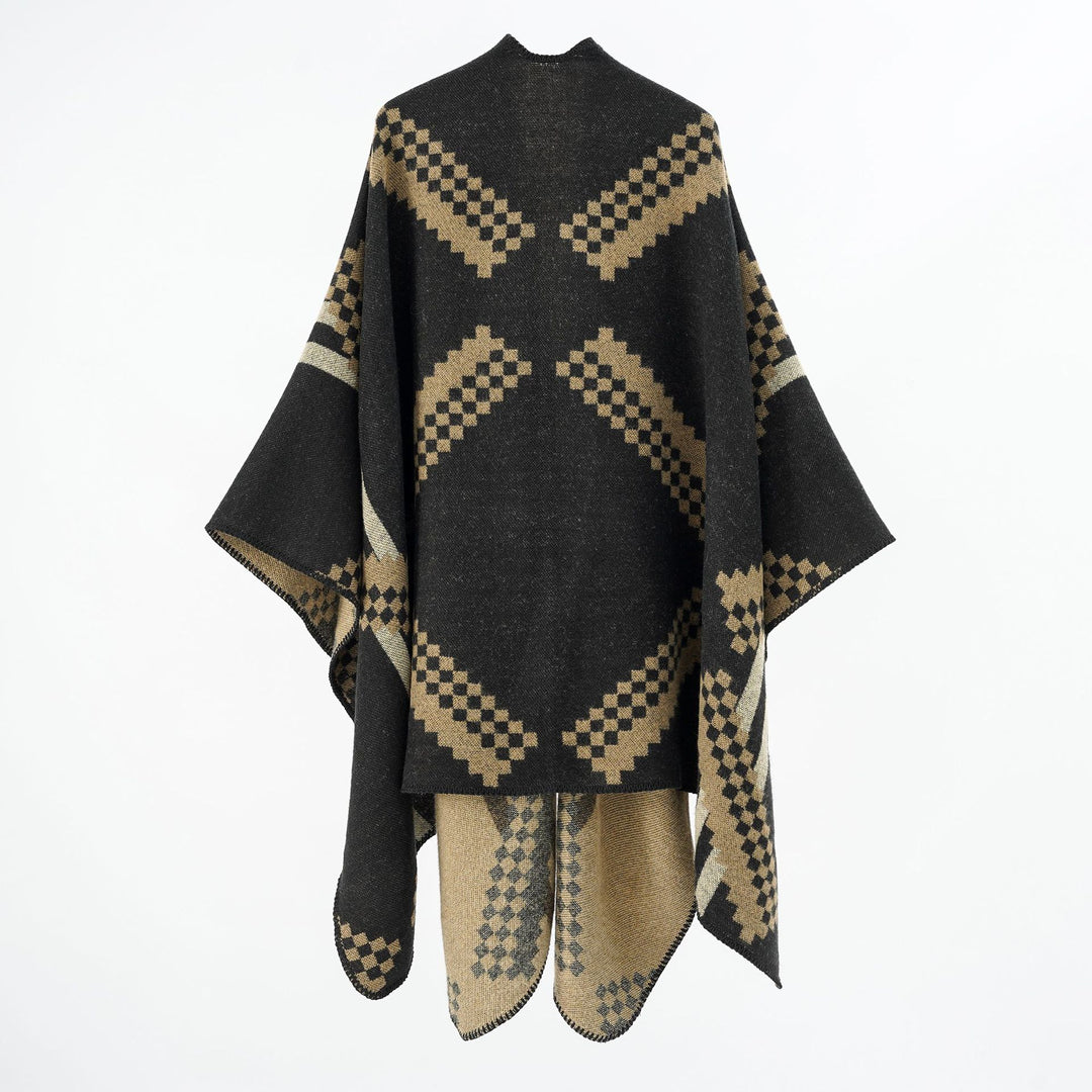Damen Oversize-Umhangponcho aus Wollmix mit geometrischem Jacquard und Ziernaht Drune