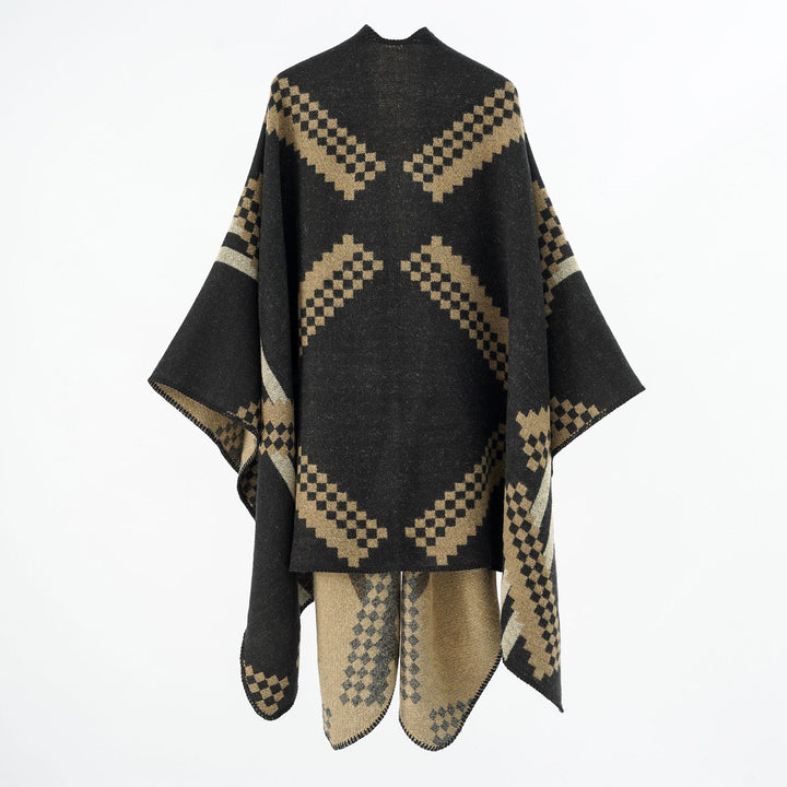 Damen Oversize-Umhangponcho aus Wollmix mit geometrischem Jacquard und Ziernaht Drune